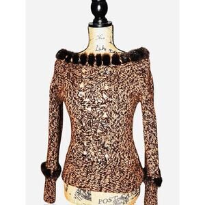 URCHIN WOOL KNIT SWEATER ANGORA TRIM OPEN FLORAL DESIGN BROWN BEIGE SMALL / S